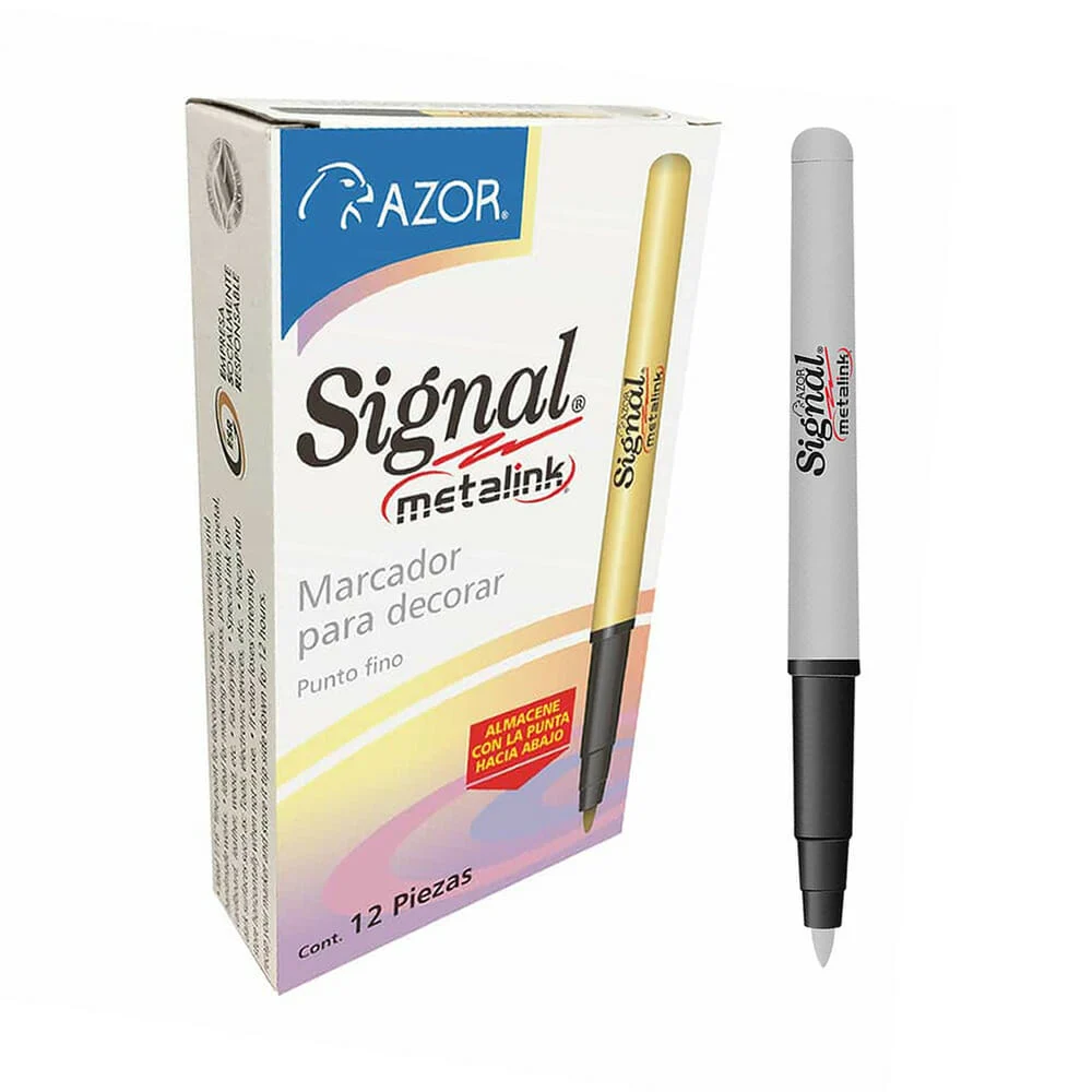 Caja con 12 marcadores plumones azor signal metalink de punta fina color plata / #30010