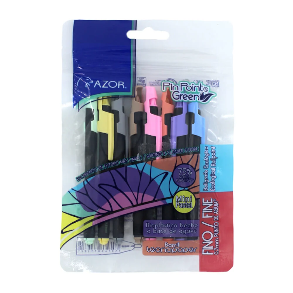 Paquete con 8 plumas bolígrafos azor pin point de colores pastel con punta 0.7mm / 6898p