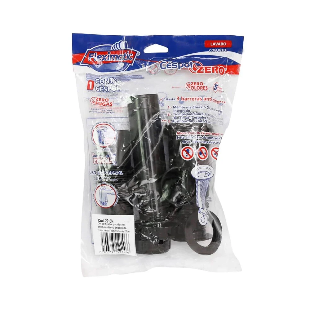 Céspol flexible para lavabo con bote chico y atrapatodo en color negro, 25cm / fleximatic / 2218n