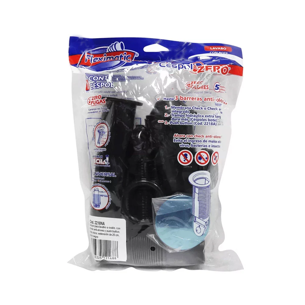 Céspol para lavabo u ovalin con check anti-olores, bote chico y extensión de 25cm en color negro / fleximatic / 2218na