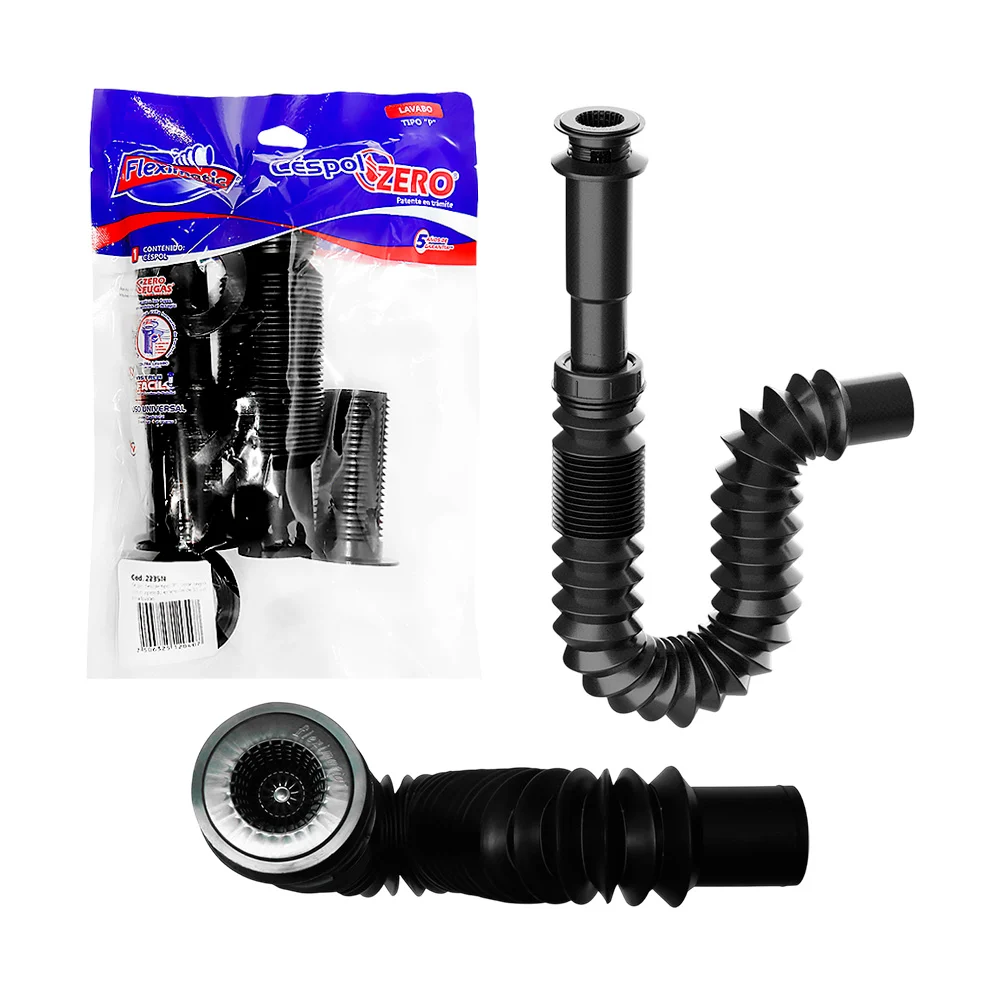 Céspol flexible tipo p con atrapatodo para lavabo y extensión de 55cm en color negro / 2235n