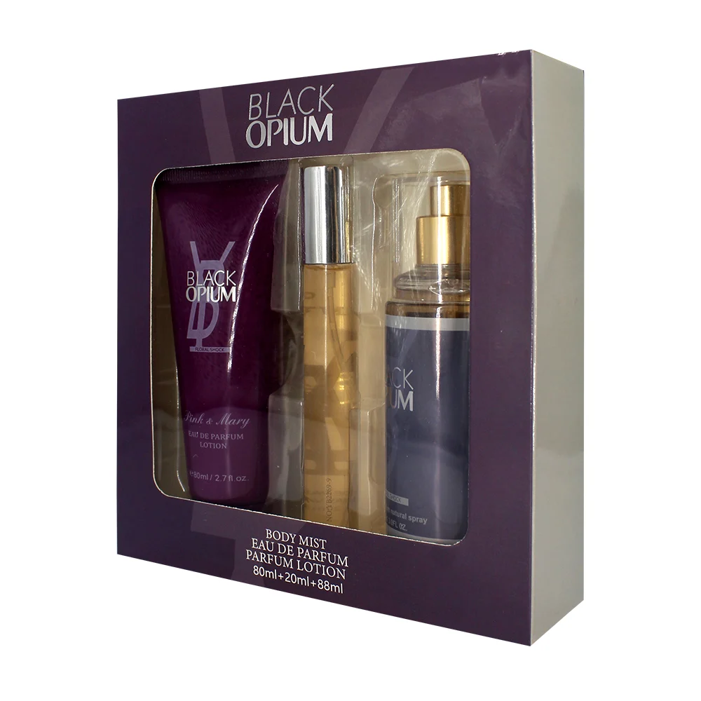 Caja con 3 lociones para el cuerpo, con perfume 80ml, crema 20g y agua de 88ml, black opium / 2266-5