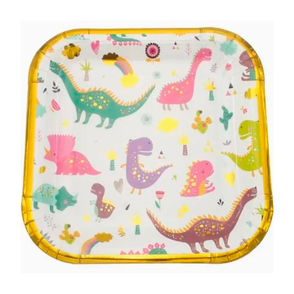 Paquete de 10 platos desechables cuadrados con estampado de dinosaurios, 18cm / pt10815