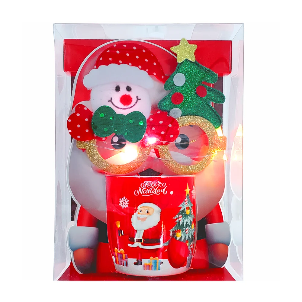 Kit taza de cerámica con diseño navideño + lentes de luz led con diamantina, muñeco afelpado y árbol pino, variedad de modelos / st-240a