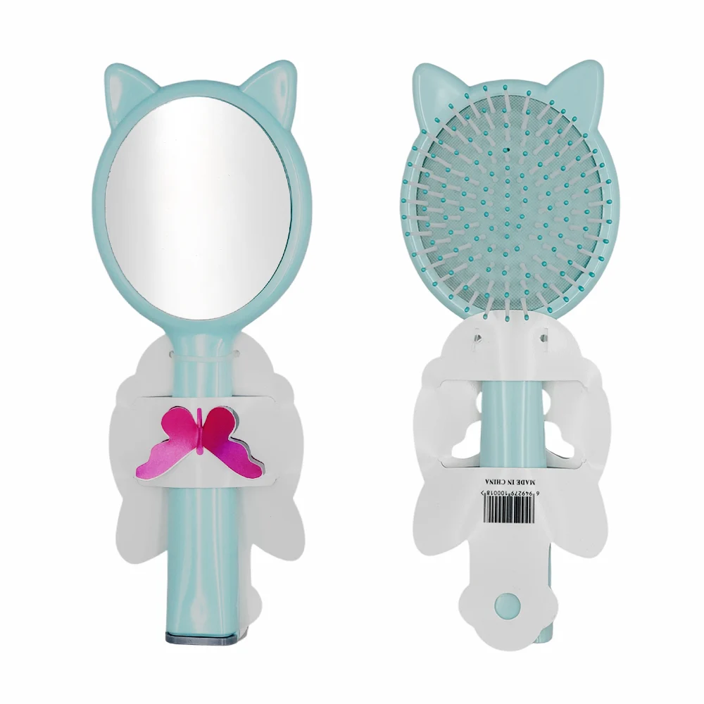 Cepillo de plástico redondo con espejo y orejas de gato para el cabello, variedad de colores / 100018 / a474