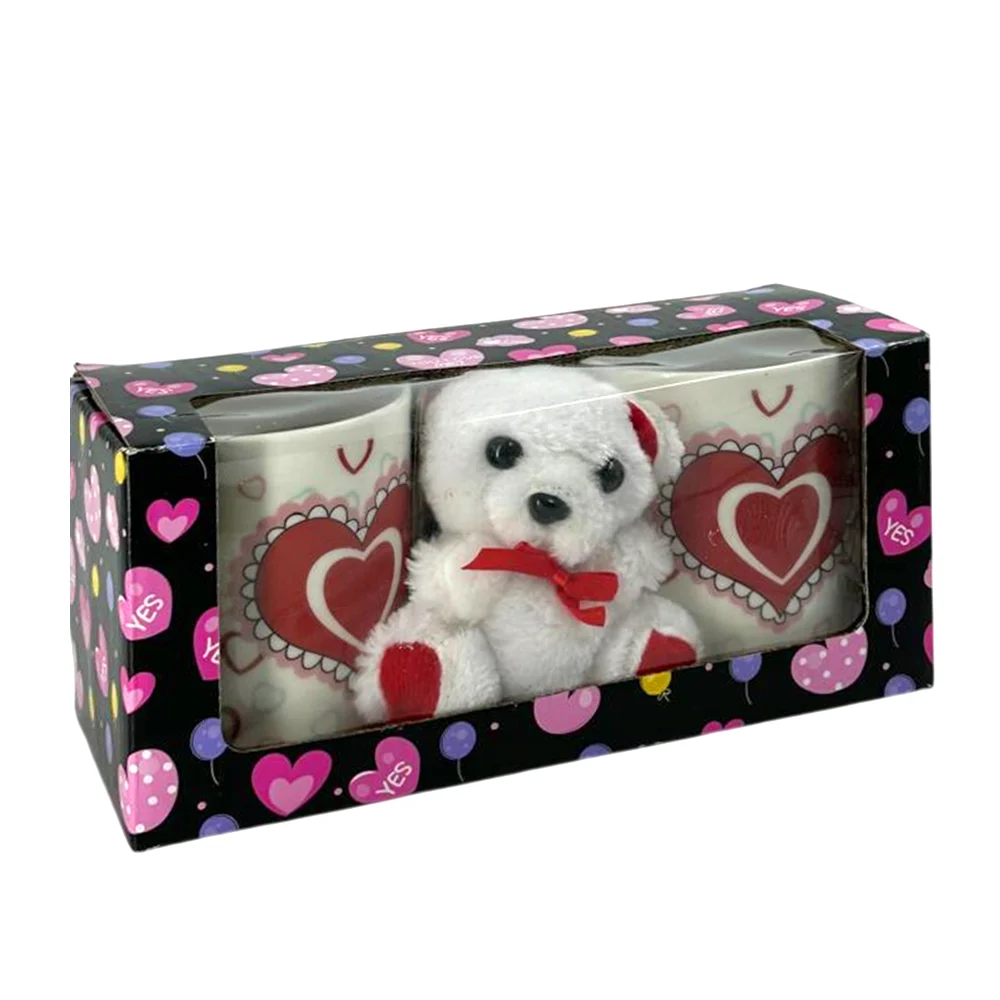 Juego con 2 tazas de cerámica + estampado de corazón y mini peluche de oso, variedad de modelos / 23yh504