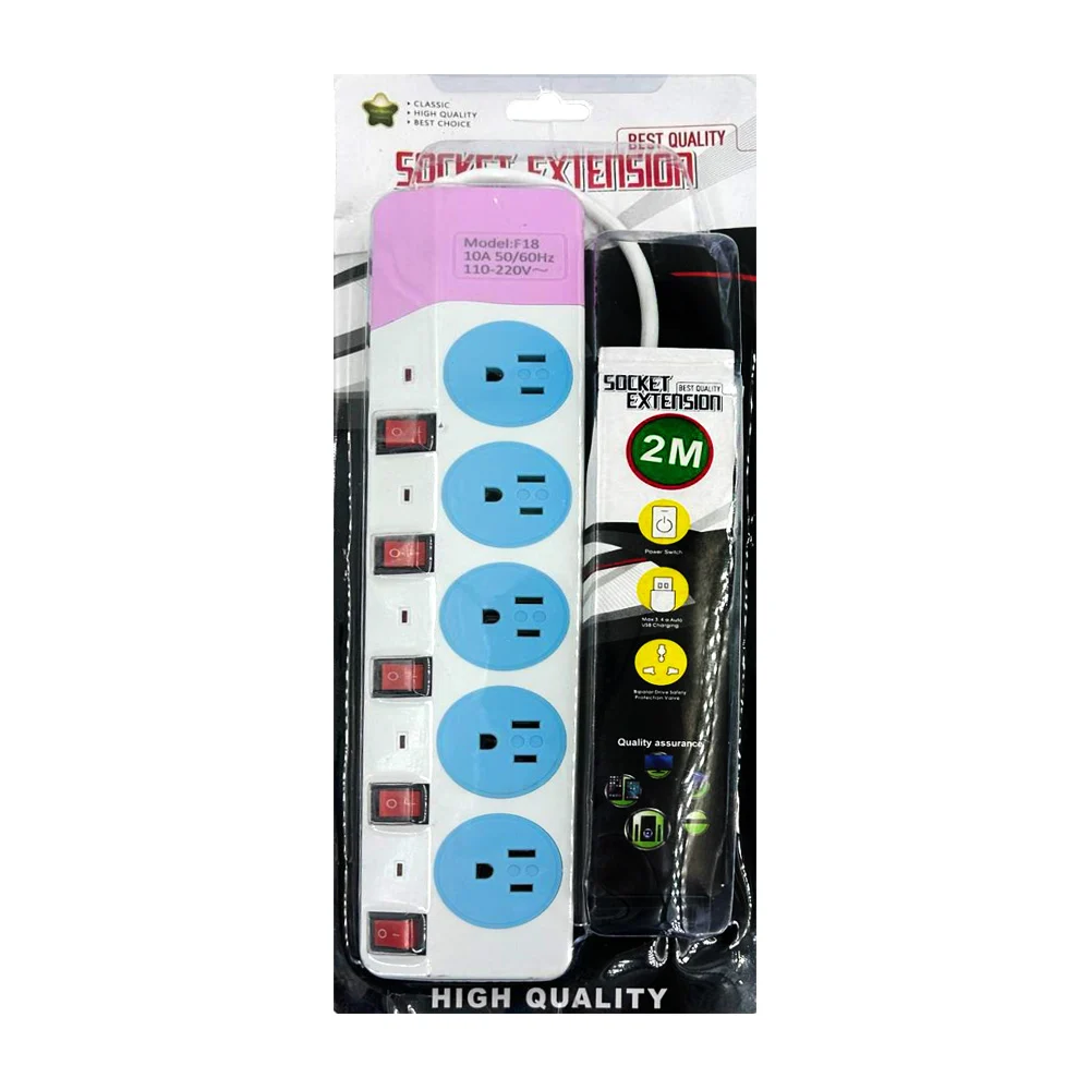 Barra multicontacto con 5 tomacorrientes y 5 interruptores, 2m, 110-220v / f18 / 24-pc-01