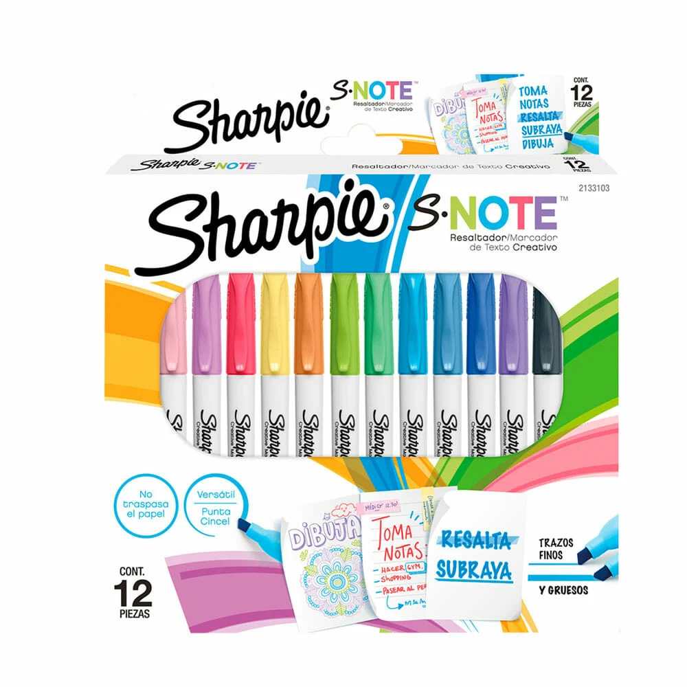 Caja con 12 marcatextos resaltadores sharpie note de colores / 2133103