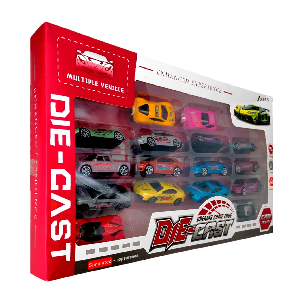 Paquete con 16 mini carros de plástico con diseño metálico o mate y frase, variedad de modelos / die-cast