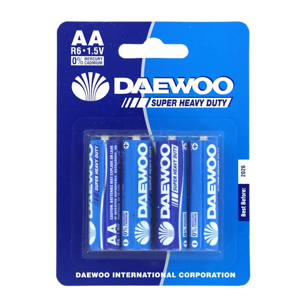 Blíster con 4 pilas baterías daewoo super heavy duty r6 doble aa de 1.5v / 2026