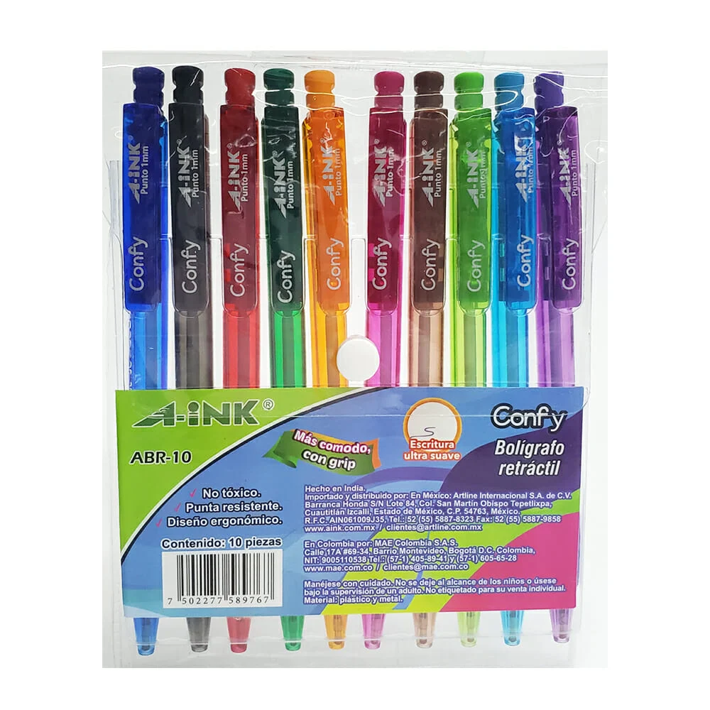 Paquete con 10 plumas bolígrafos retráctiles a-ink de colores con diseño ergonómico / abr-10