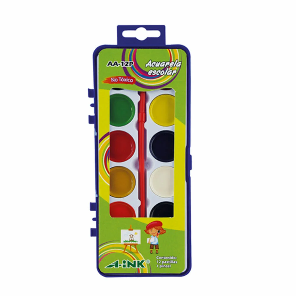 Estuche con 12 acuarelas redondas de colores a-ink con pincel / aa-42p