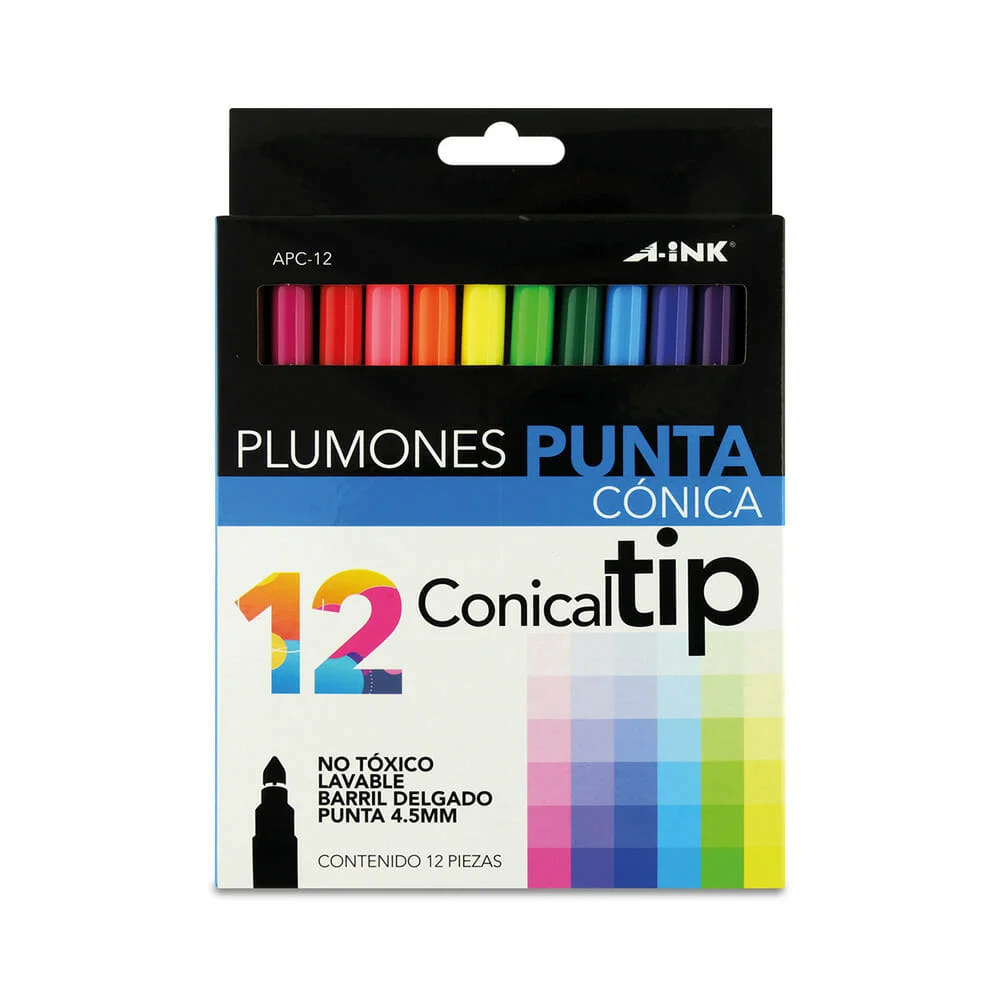 Paquete de 12 plumones a-ink con punta cónica de color básicos y punta de 4.5mm / apc-12