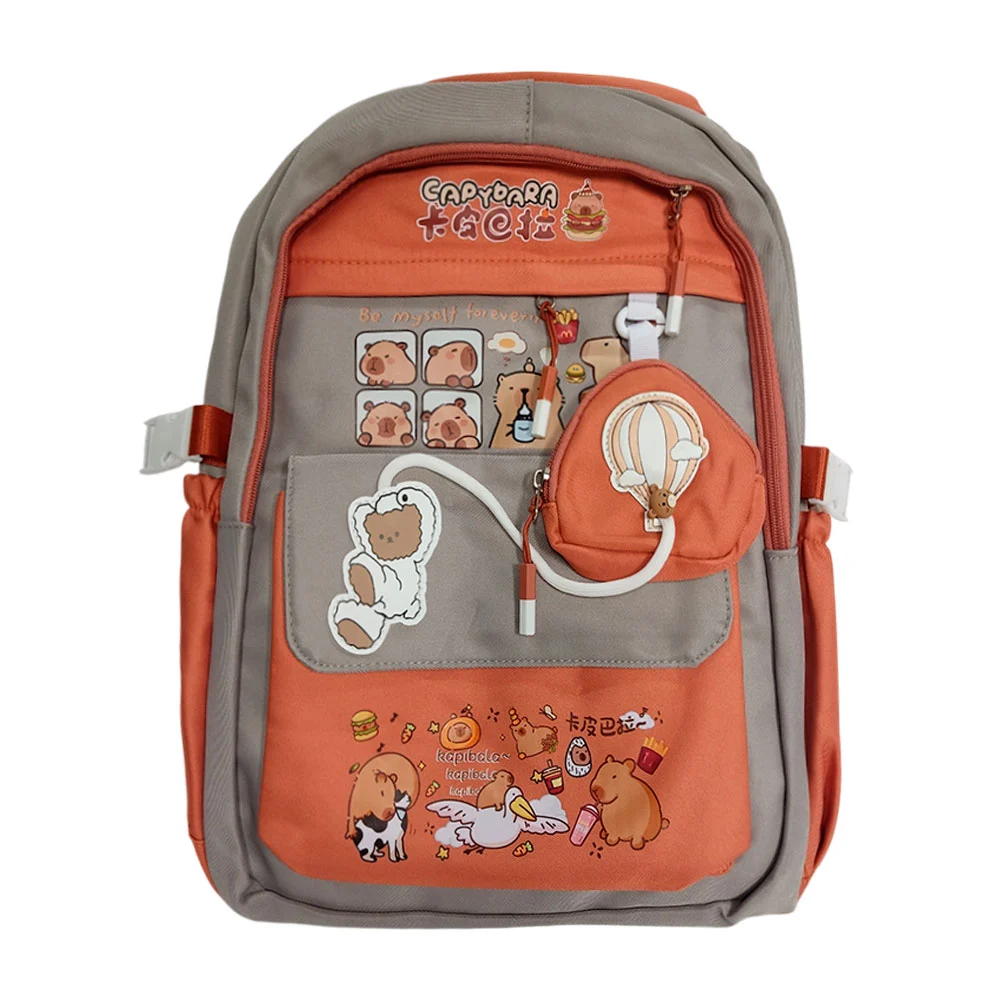 Mochila con 5 compartimentos, diseño de capibara, broches y monedero con cuerda