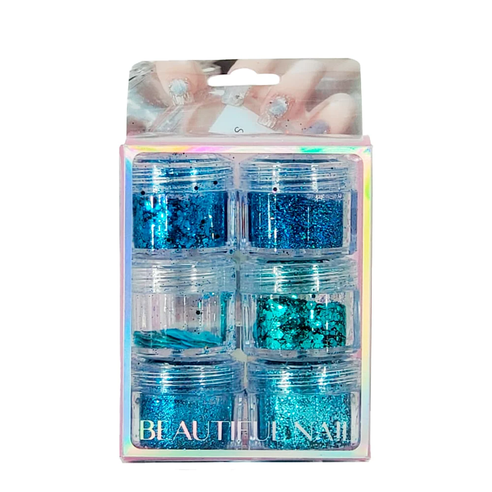 Paquete con 6 mini frascos de glitter para decoración de uñas, variedad de colores / beautiful nail / zxq02128