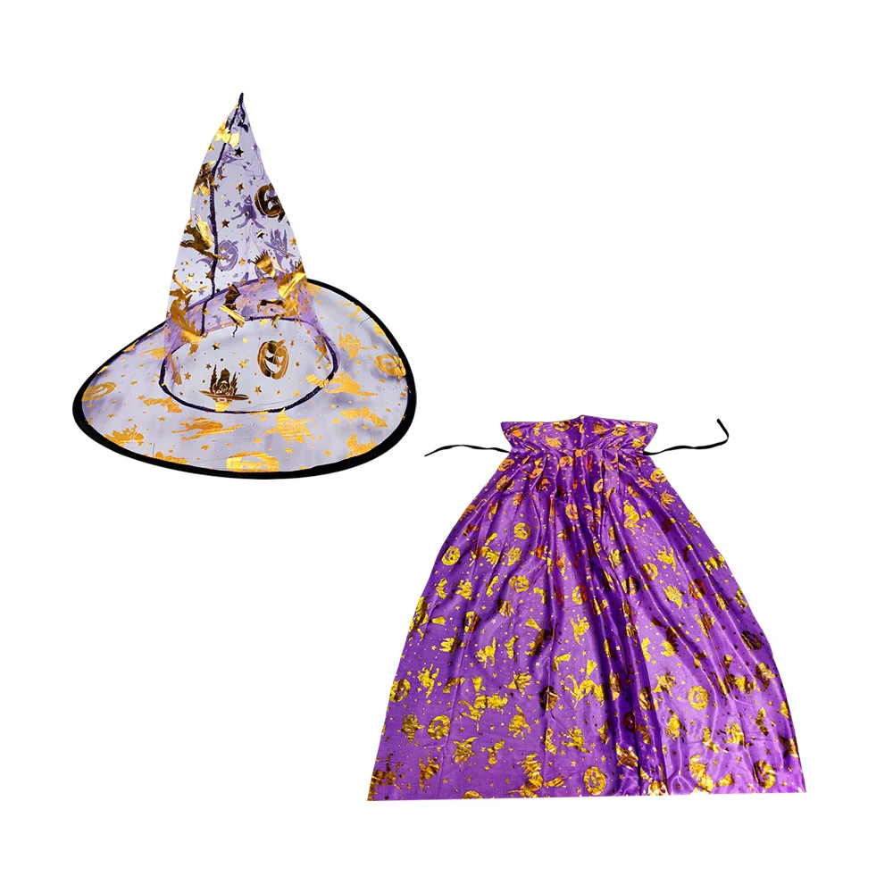 Paquete con disfraz de bruja tamaño infantil con capa y sombrero + estampado personajes de halloween en colores metálicos / lu3544