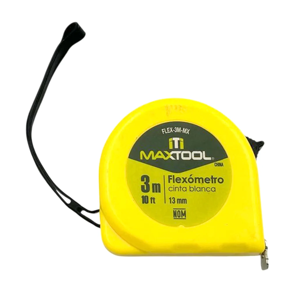 Flexómetro amarillo de cinta blanca con agarradera plástica y colgante metálico, 3m, 10ft, 13mm / maxtool