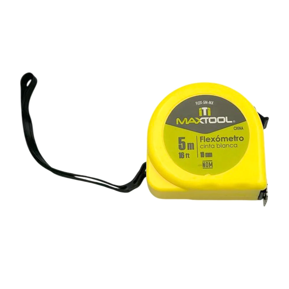 Flexómetro amarillo de cinta blanca con agarradera plástica y colgante metálico, 5m, 16ft, 19mm / maxtool