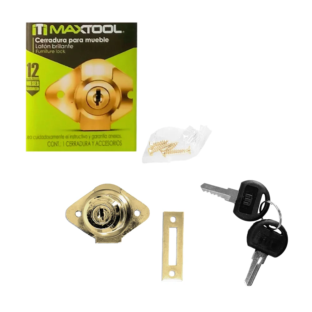 Cerradura maxtool de latón brillante para mueble con accesorios y juego de 2 llaves / 303603