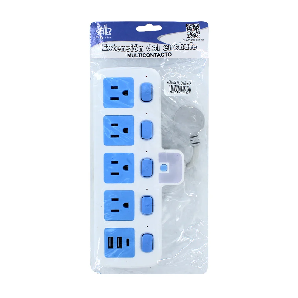 Barra multicontacto con 4 tomacorrientes, 2 puertos usb y 1 puerto tipo c / hl-303t-mul