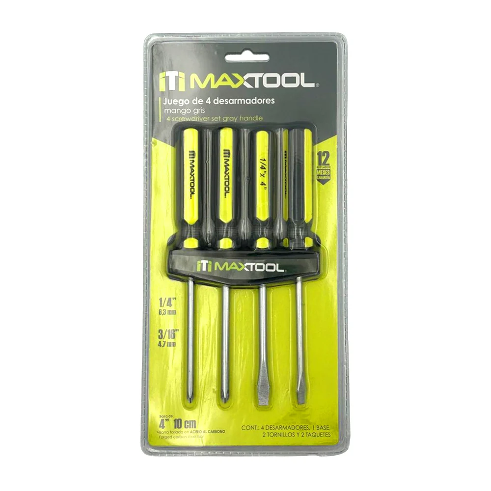 Juego de 4 desarmadores metálicos, 2 puntas planas, 2 puntas de cruz / maxtool