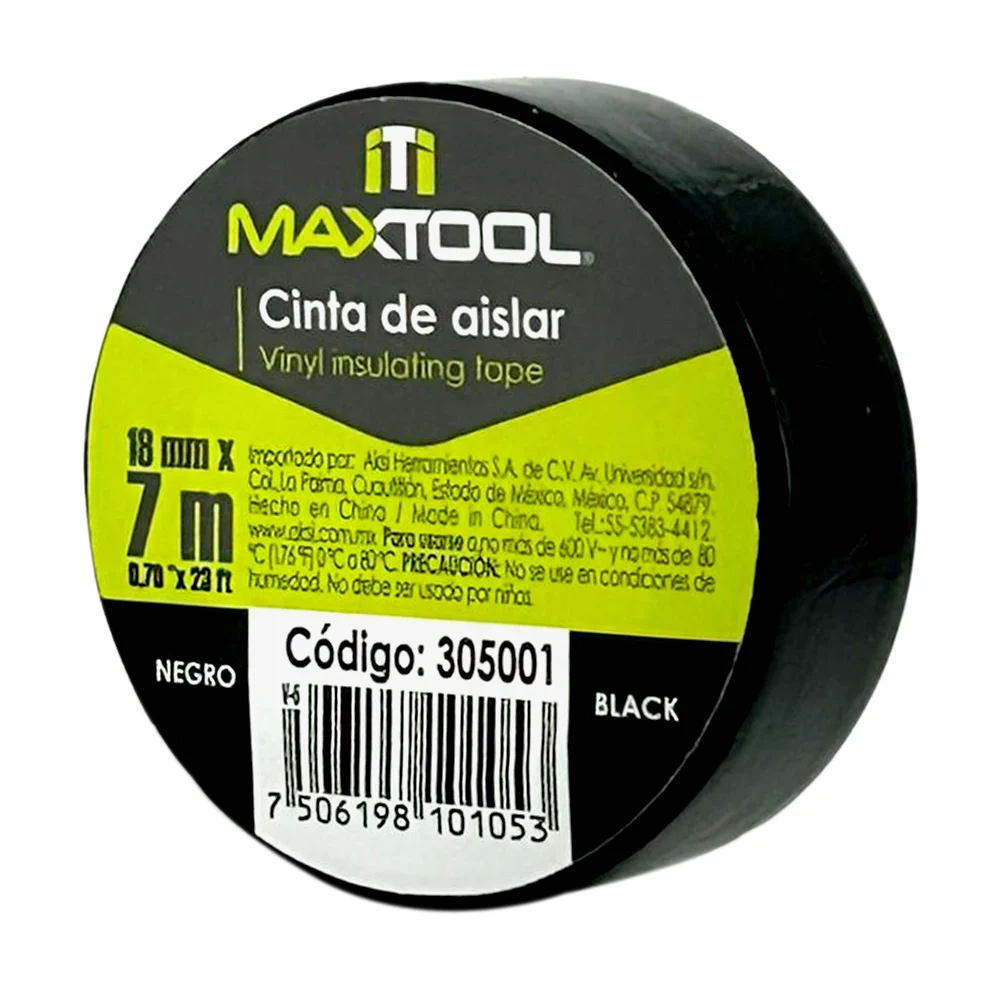 1pza Cinta aislante maxtool en color negro, 18mmx7m / 305001