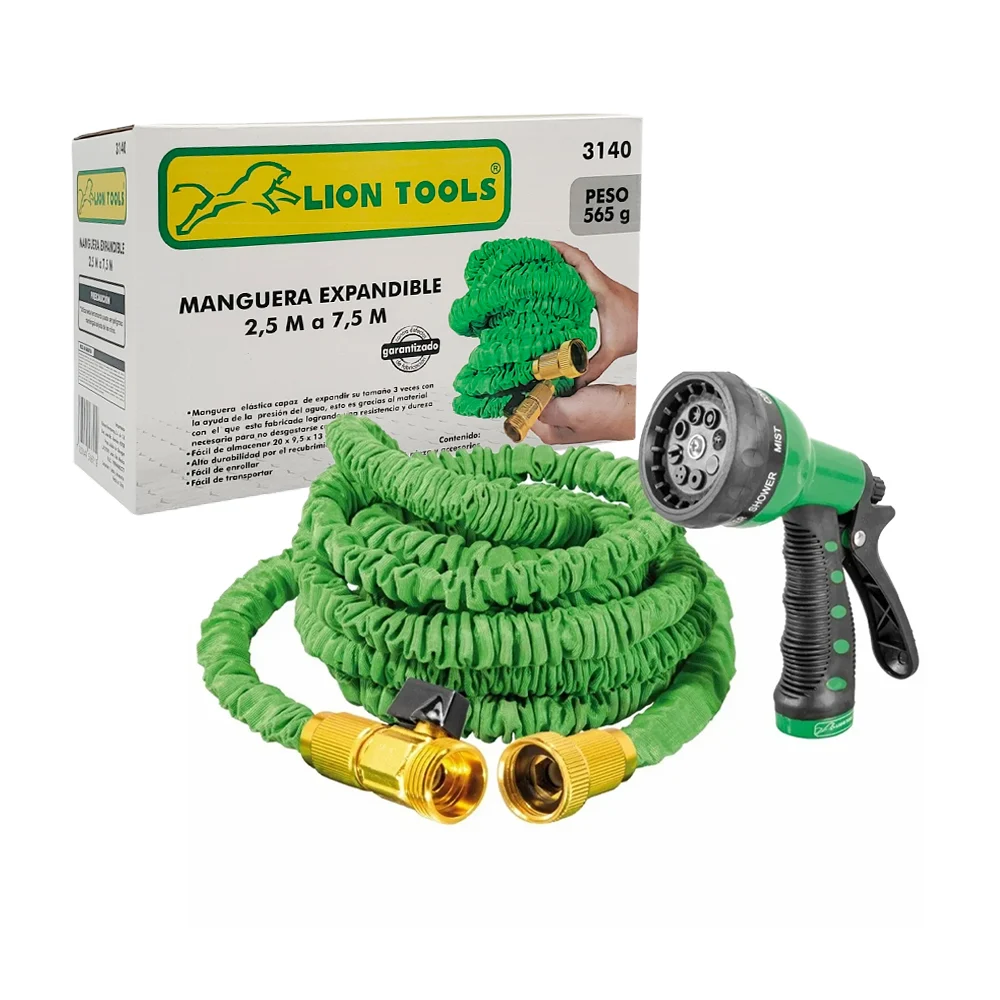 Manguera mágica expandible lion tools de 2.5 a 7.5 metros con pistola aspersor / 3140