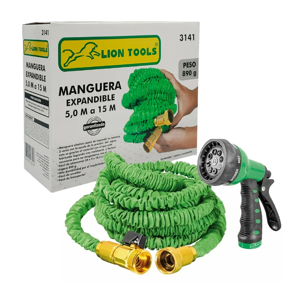 Manguera mágica expandible lion tools de 5 a 15 metros con pistola aspersor / 3141