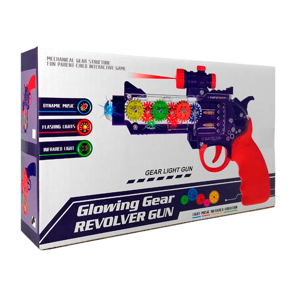 Pistola tipo revólver transparente de juguete con engranajes, láser, luz y sonido / glowing gear revolver gun / 3327-12a