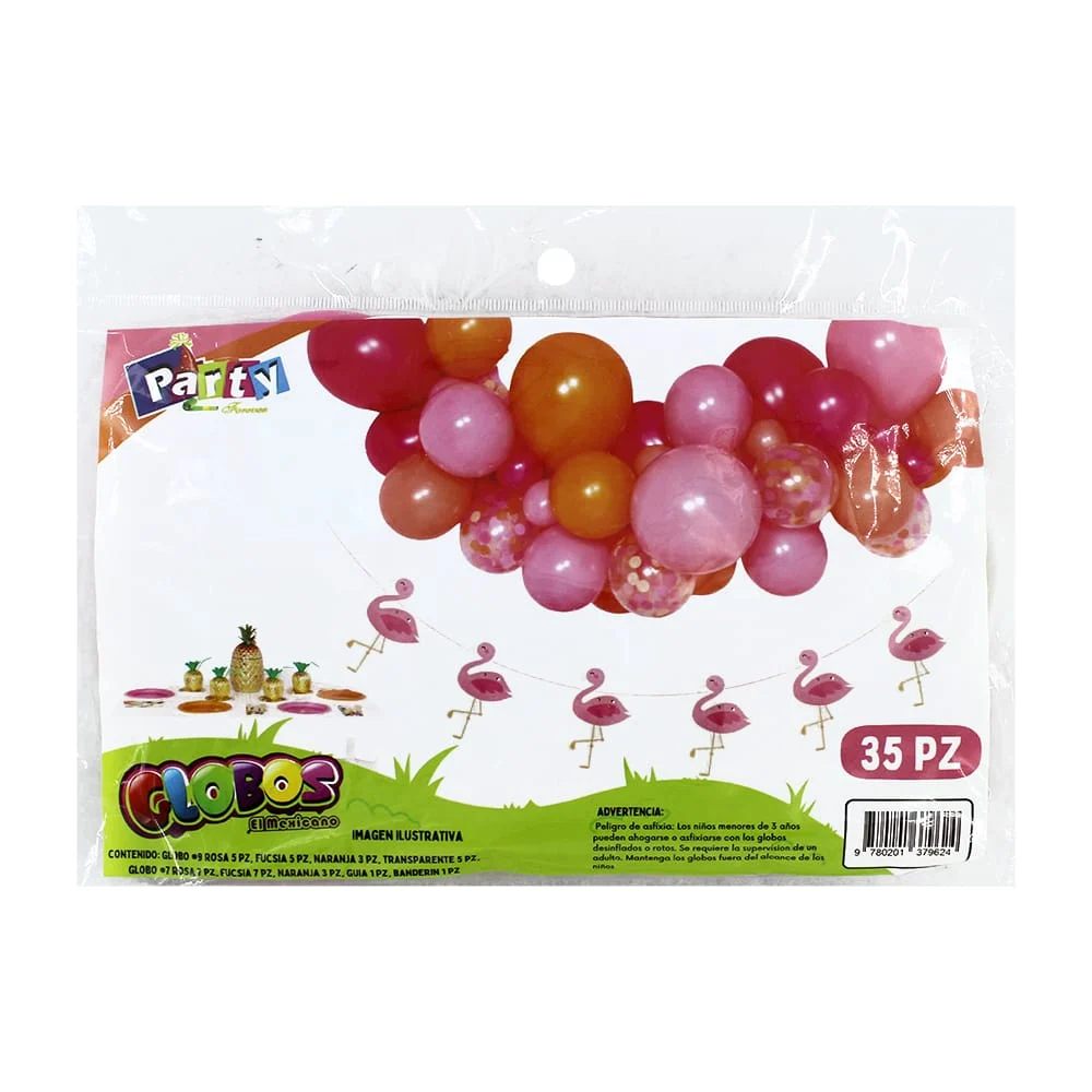 Set decorativo para fiesta de 35pzas con globos transparentes con confeti, listón decorativo, banderín en forma de flamencos y globos de diferentes tamaños y colores / globos el mexicano / 379624