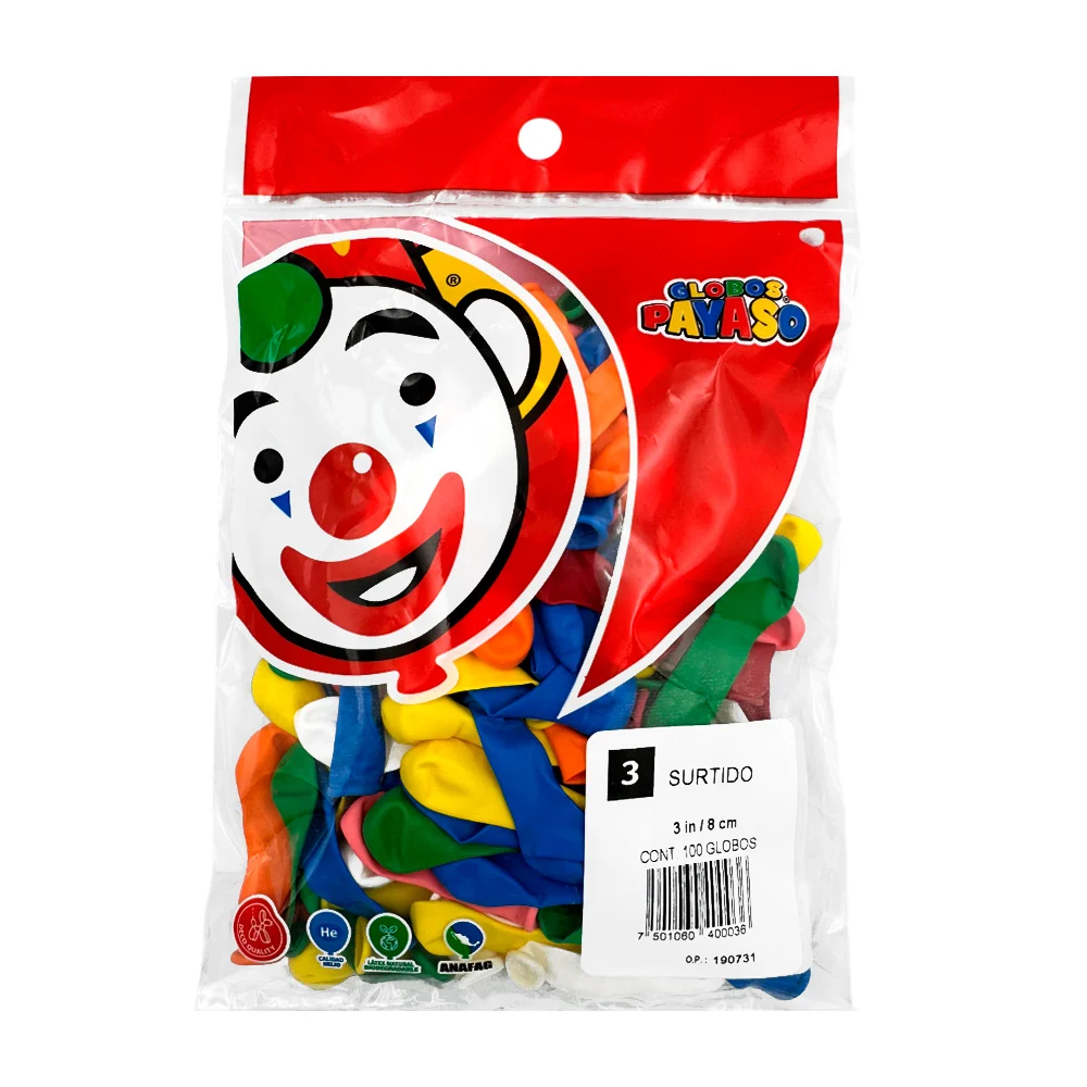 Paquete con 100 globos payaso en colores surtidos de 3 in - 8 cm / globos surtido / 400036 / globo no. 3