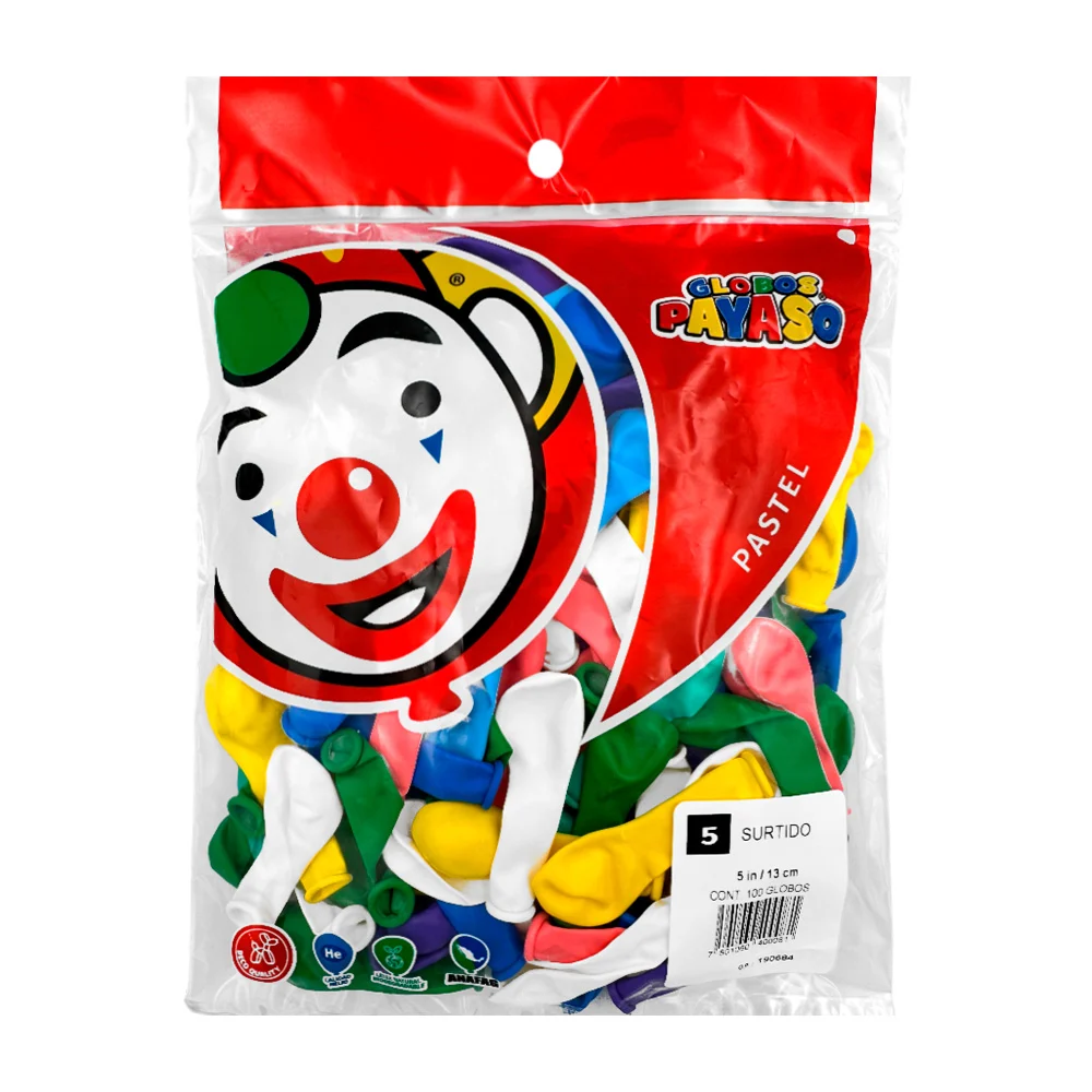 Paquete de 100 globos payaso de 5 in - 13 cm en colores surtidos / globo no. 5 / 400081