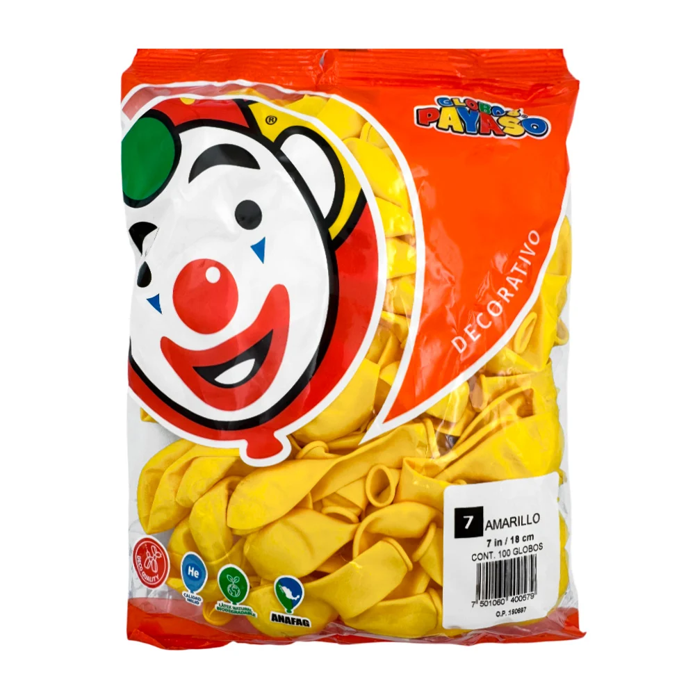 Paquete de 100 globos payaso en color amarillo de 7 in - 18 cm / 400579