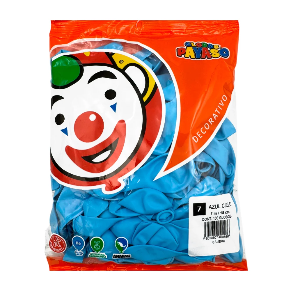 Paquete de 100 globos payaso en color azul cielo de 7 in - 18 cm / 400586