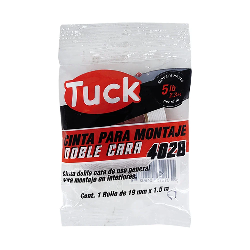 Cinta adhesiva tuck doble cara de uso general con 1.5m y 1.9cm de ancho, para montaje en interiores soporta 2.3kg / 049035 /422800