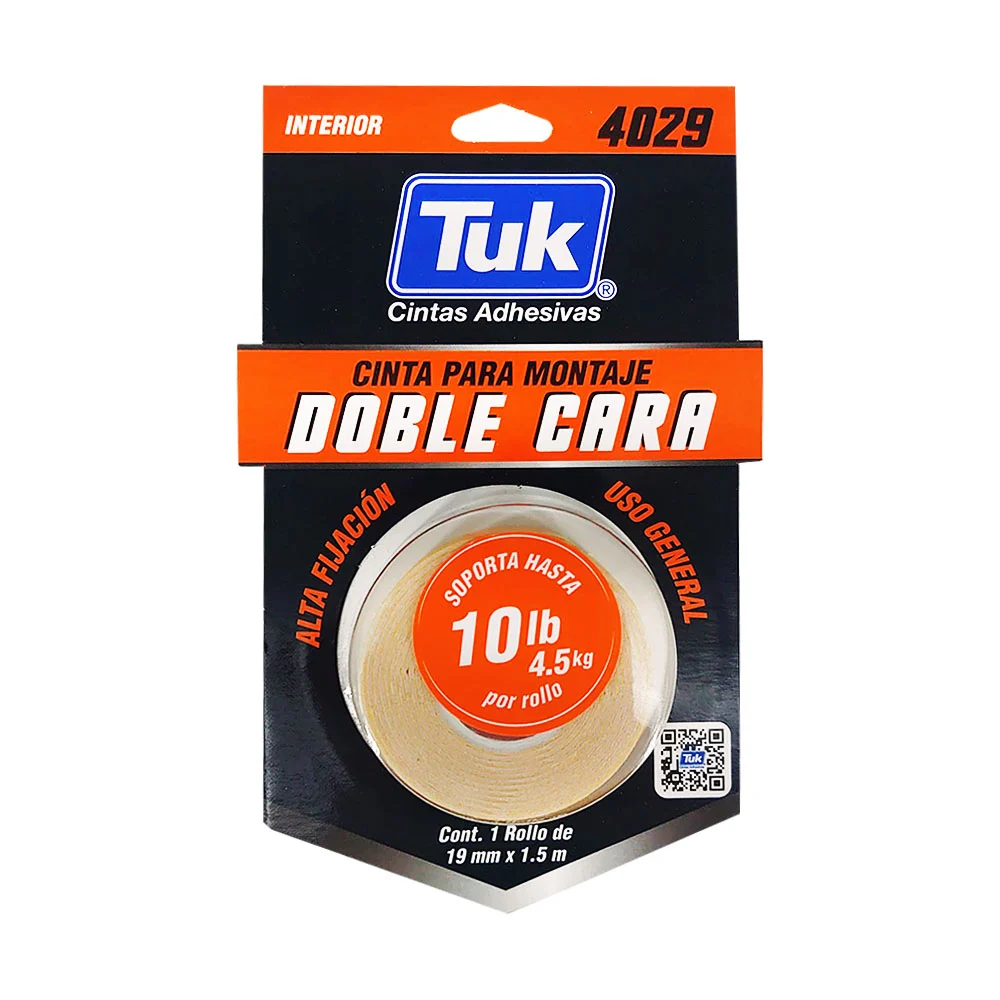 Cinta adhesiva tuk doble cara uso general de alta fijación con 1.5m y 1.9cm de ancho, para montaje soporta hasta 4.5kg / 049059 / 422900