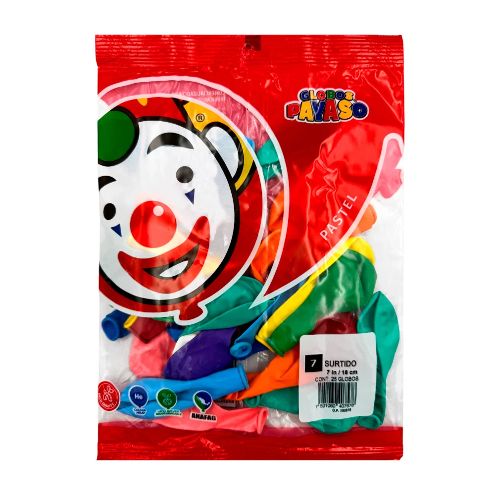 Paquete con 25 globos payaso de 7 in - 18 cm en colores surtidos / 407578