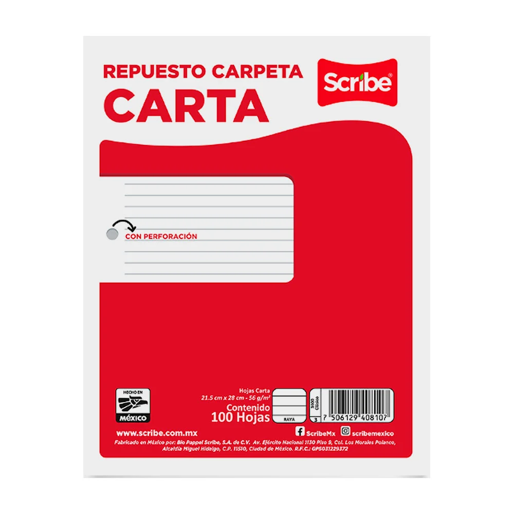 Paquete scribe de 100 con hojas de repuesto para carpeta, raya en tamaño carta 21.5x28cm / repuesta carpeta carta / 3400.clásica / 100506