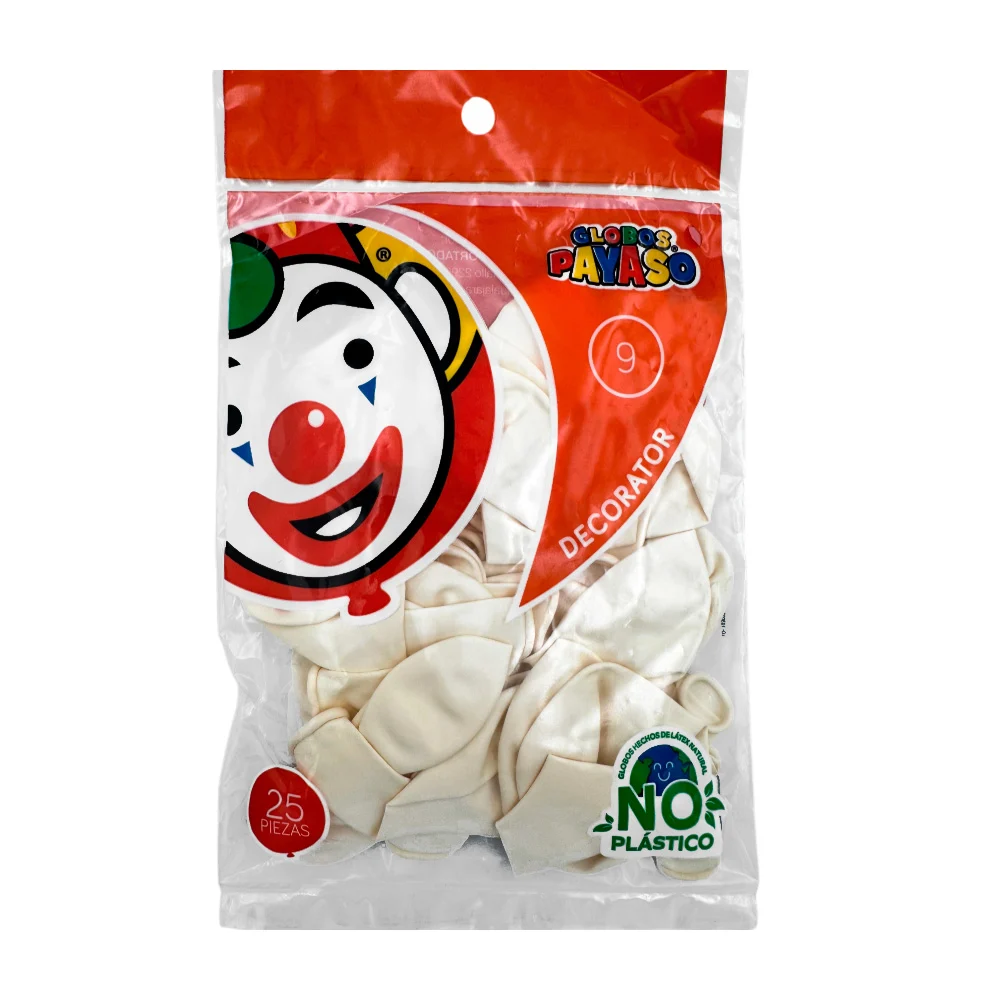 Paquete de 25 globos payaso en color blanco de 9 in - 23 cm / blanco nieve / 408575