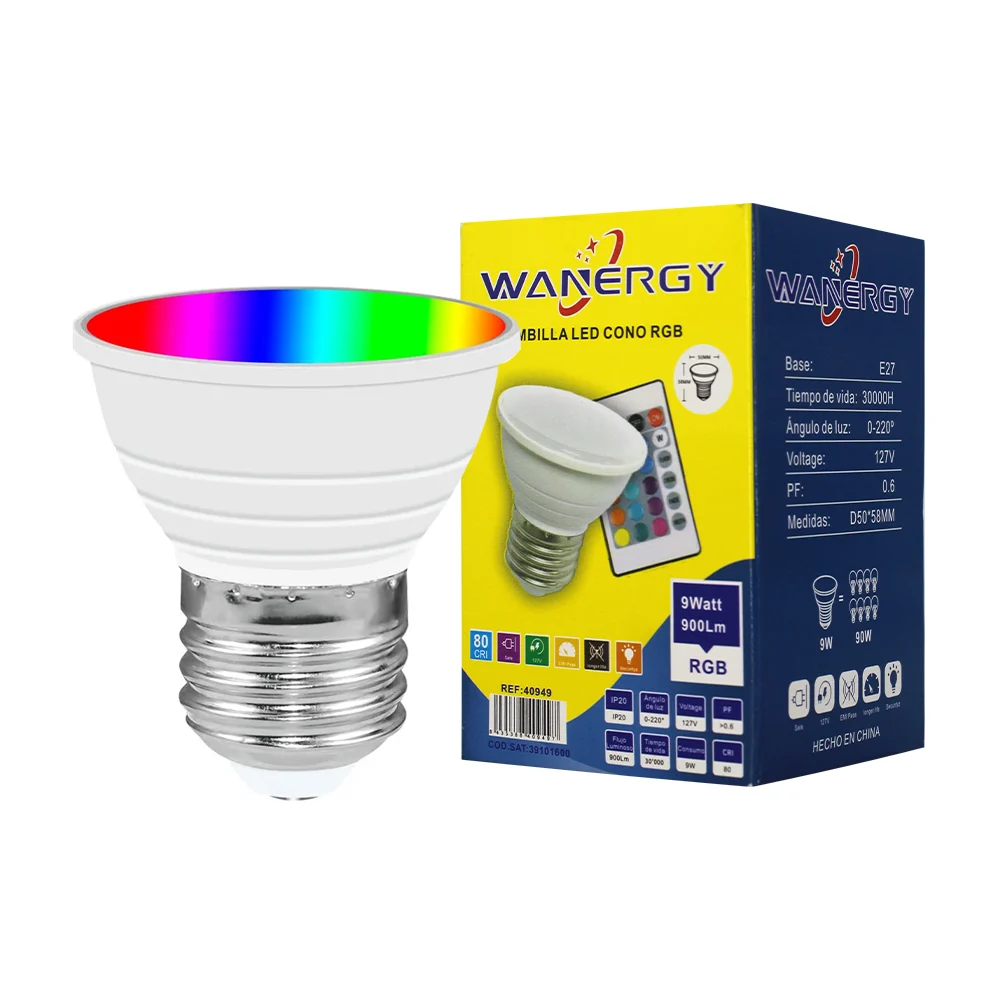 Foco bombilla rgb wanergy en forma de cono con consumo de 9 watts + control / 409497