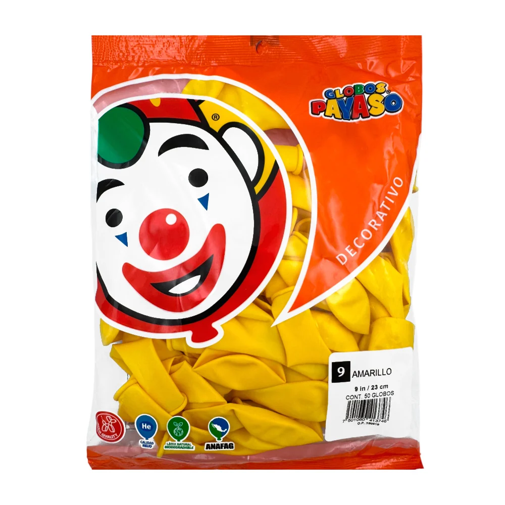 Paquete de 50 globos payaso de 9 in - 23 cm en color amarillo / 413746