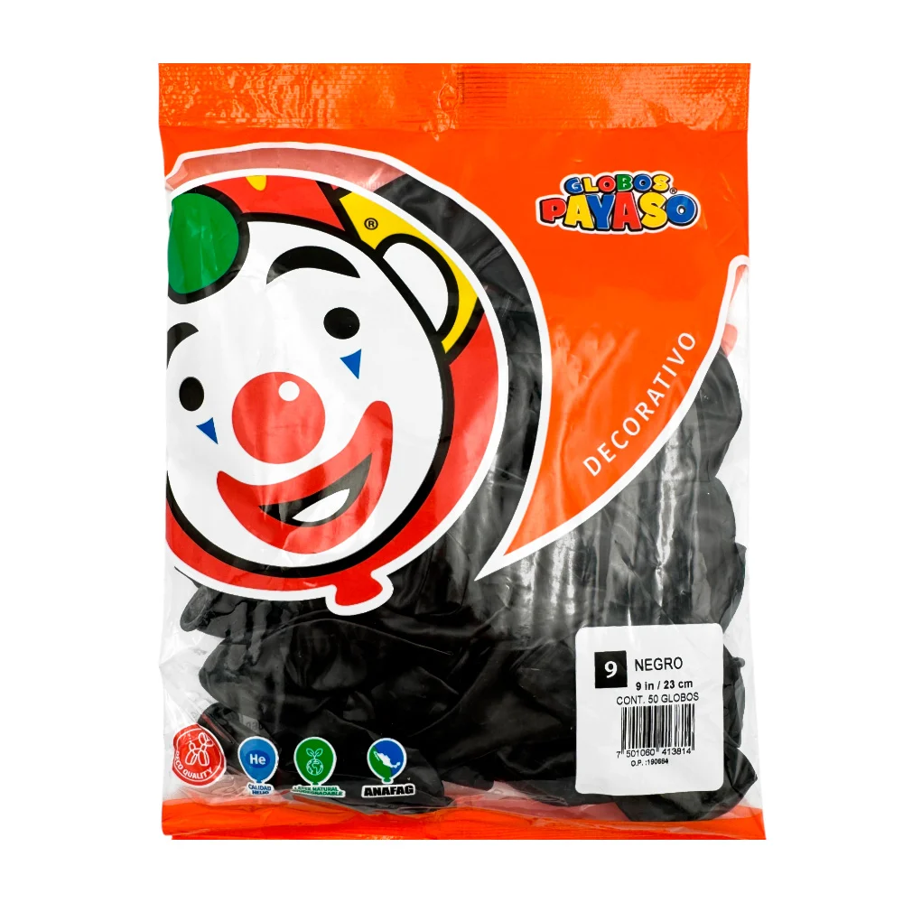 Paquete con 50 globos payaso en color negro de 9 in - 23 cm / 413814