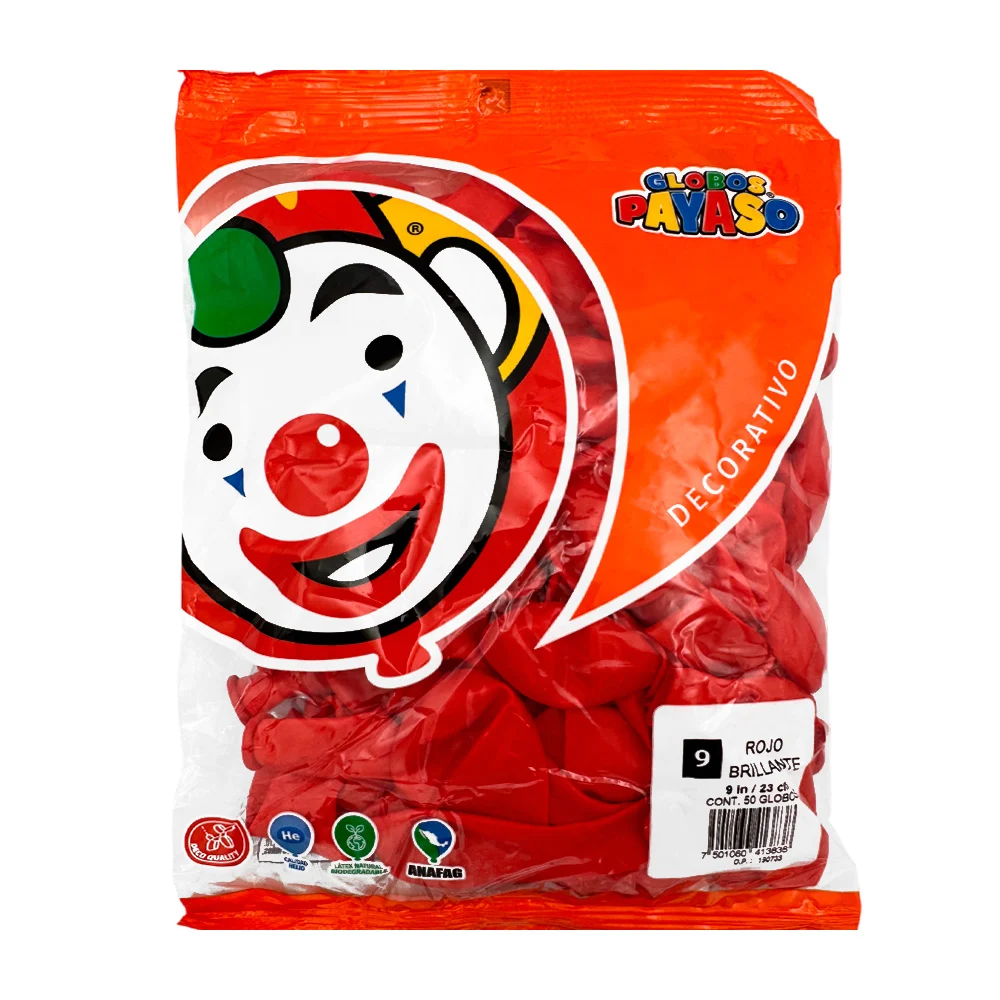 Paquete con 50 globos payaso en color rojo de 9 in - 23 cm / globo no 9 / rojo brillante / 413838