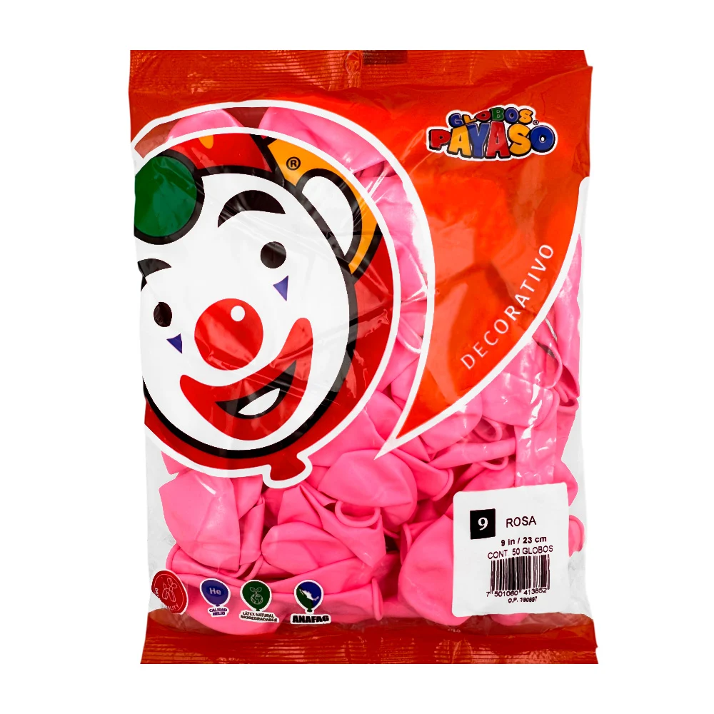Paquete de 50 globos payaso de 9 in - 23 cm en color rosa / 413852