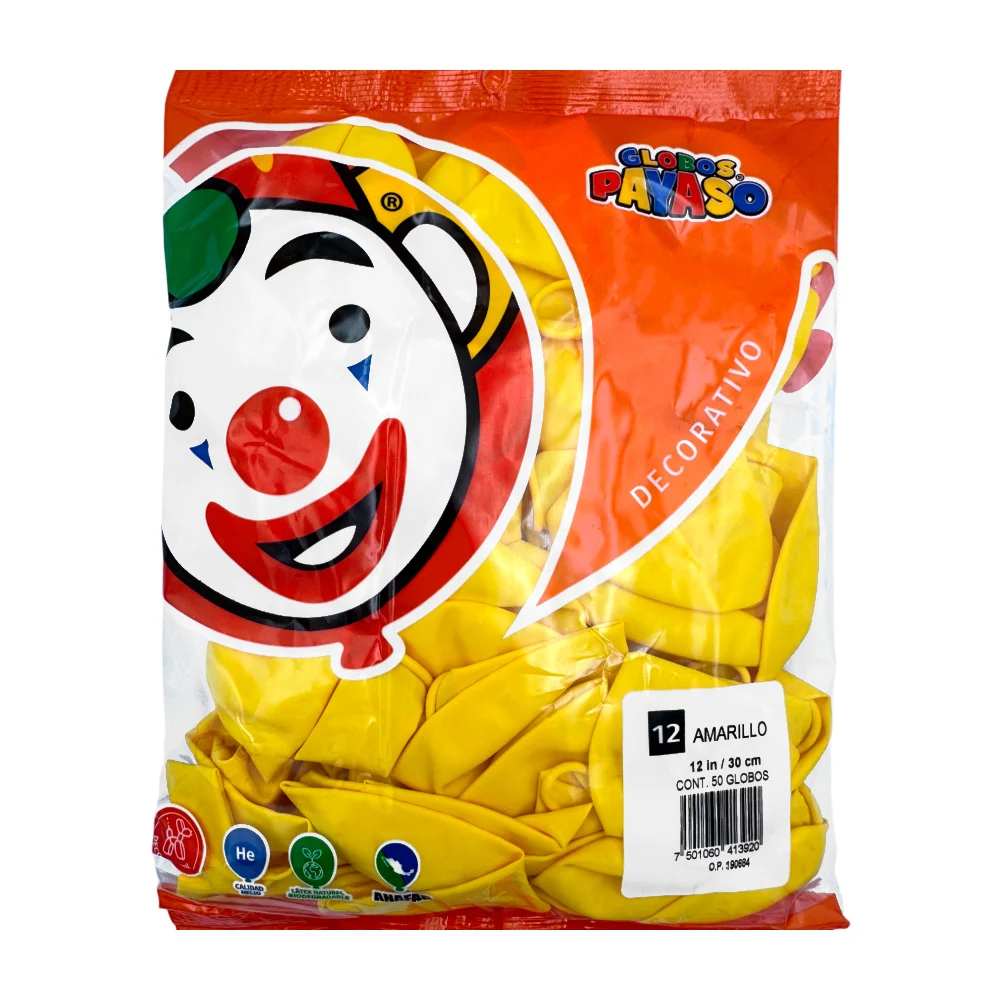 Paquete de 50 globos payaso en color amarillo de 12 in - 30 cm / globo no. 12
