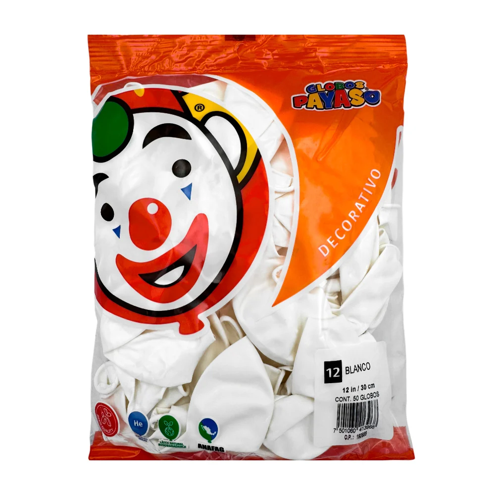 Paquete de 50 globos payaso de 12 in - 30 cm en color blanco / 413968 / globo no. 12