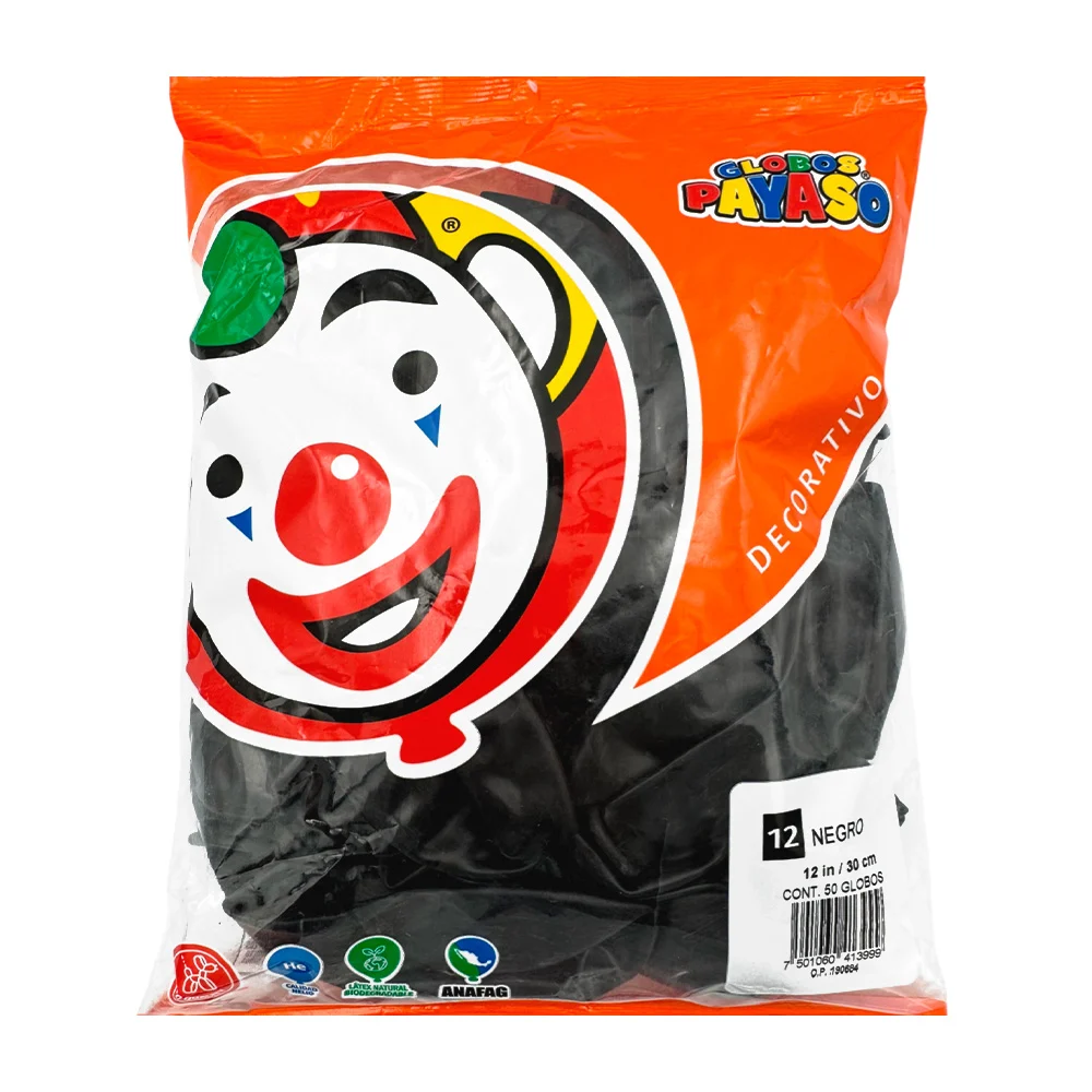 Paquete con 50 globos payaso en color negro de 12 in - 30 cm / 413999