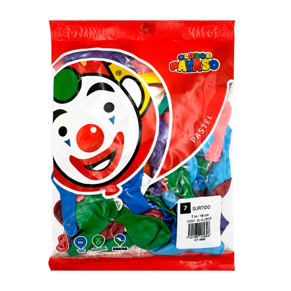 Paquete de 50 globos payaso de 7 in - 18 cm en colores surtidos / 415306 / globo payaso pastel