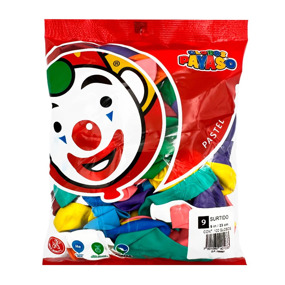 Paquete con 50 globos payaso en colores surtidos de 9 in - 23 cm / globo no. 9 / 415337