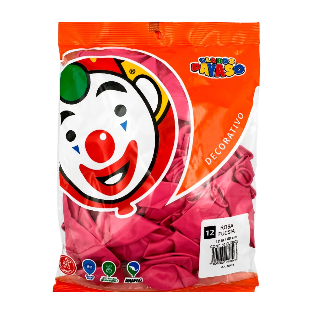 Paquete de 50 globos payaso en color rosa fucsia de 12 in - 30 cm / 418543